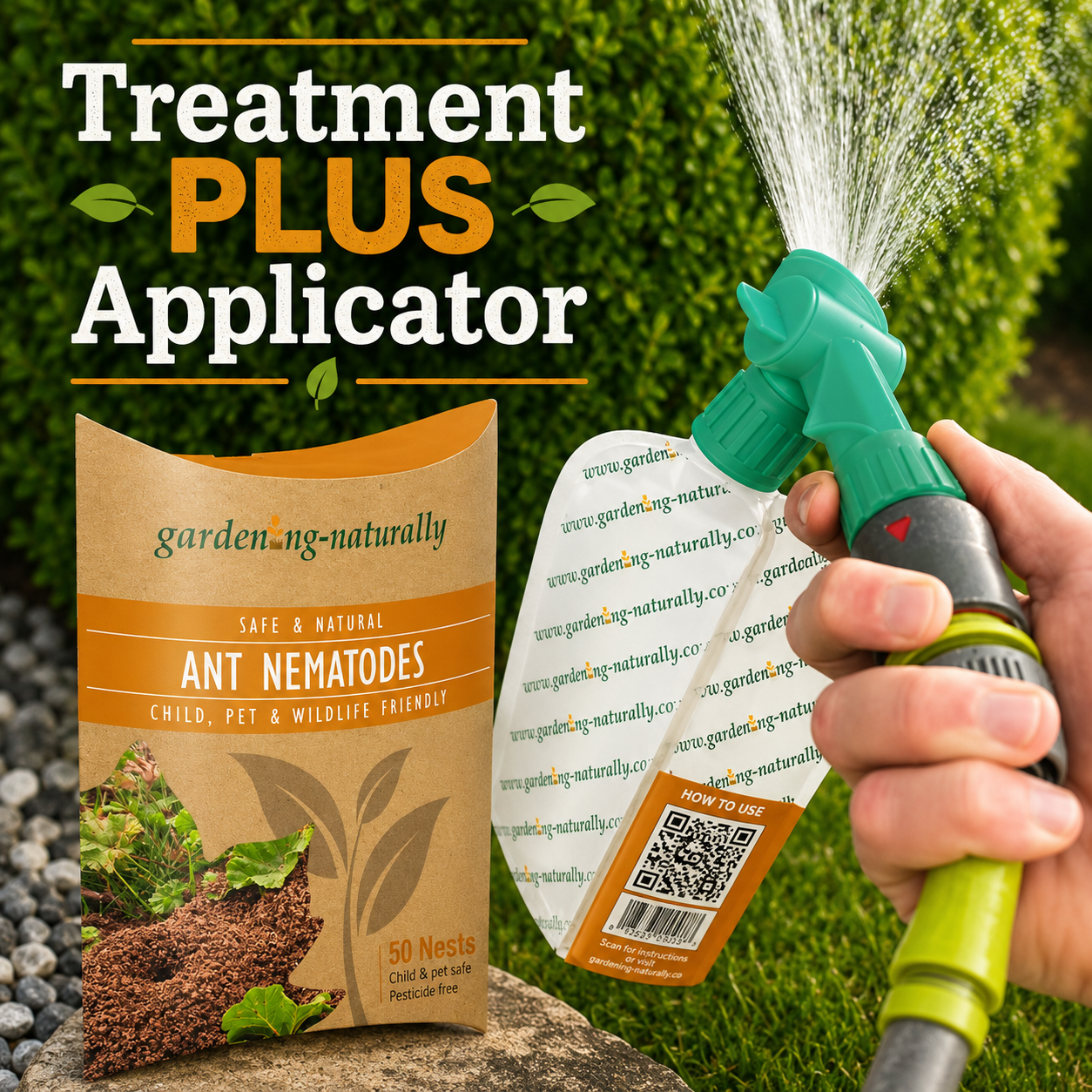 Gardening naturally ant nematodes treatment with a spray applicator on a grassy background