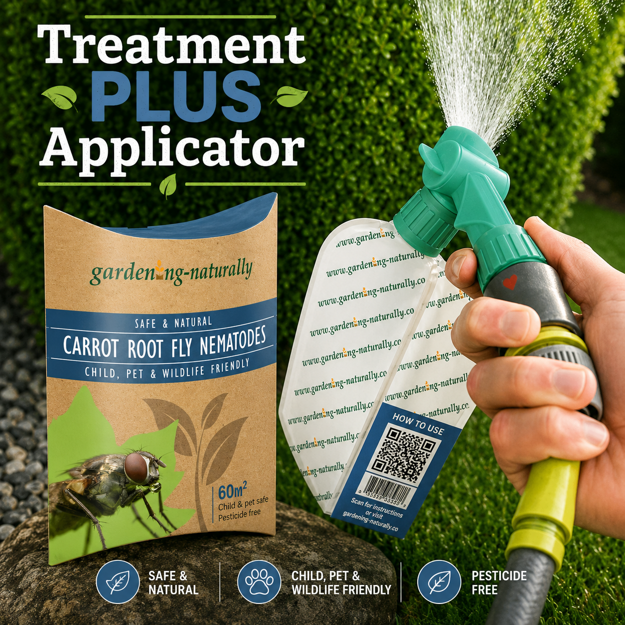 Gardening naturally product with a hand holding a spray nozzle on a grass background