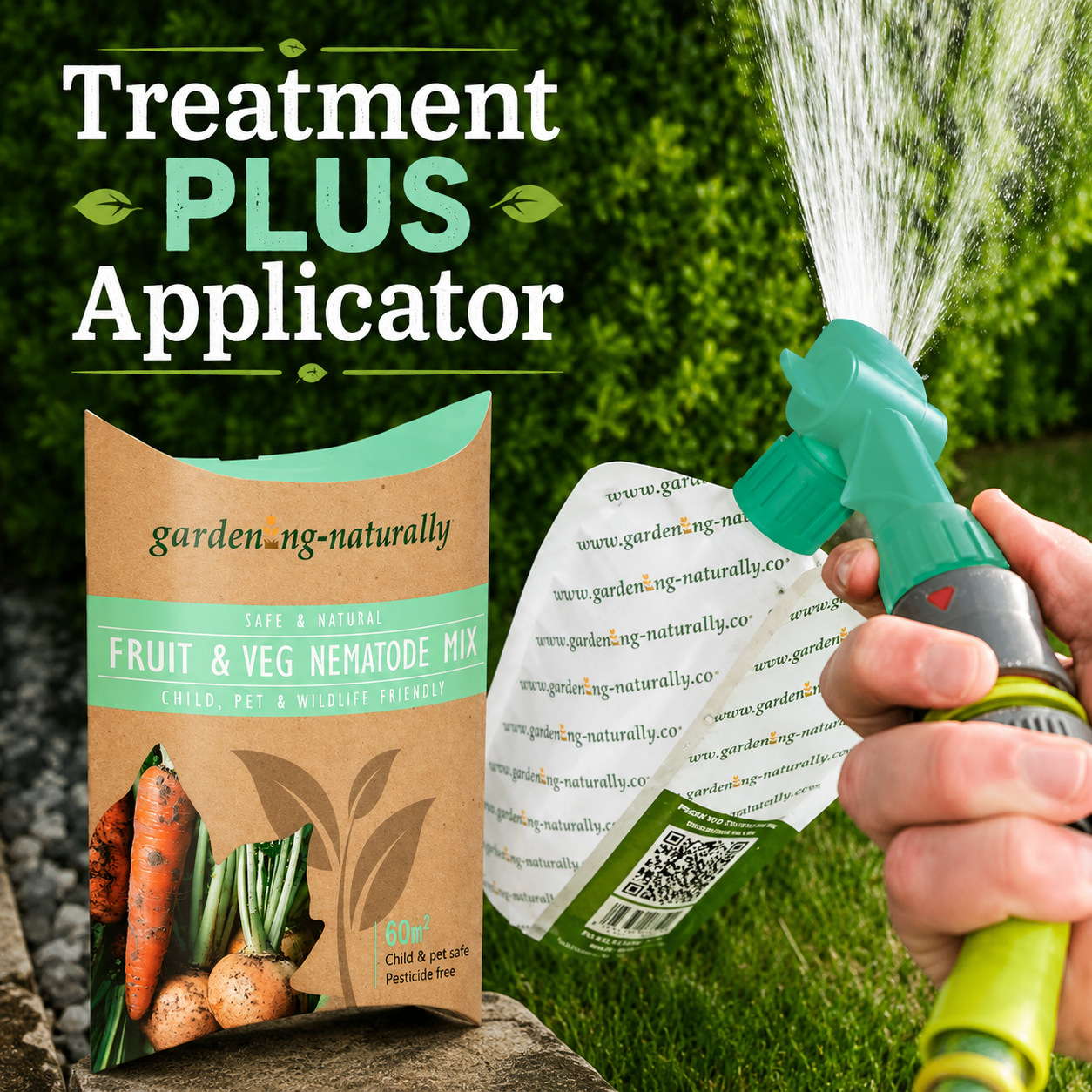 Gardening naturally product with a hose and treatment applicator against a green background