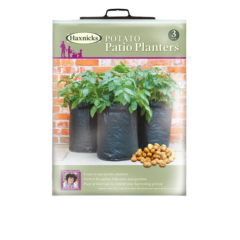 Haxnicks Potato Patio Planters packaging with plants and potatoes on a white background