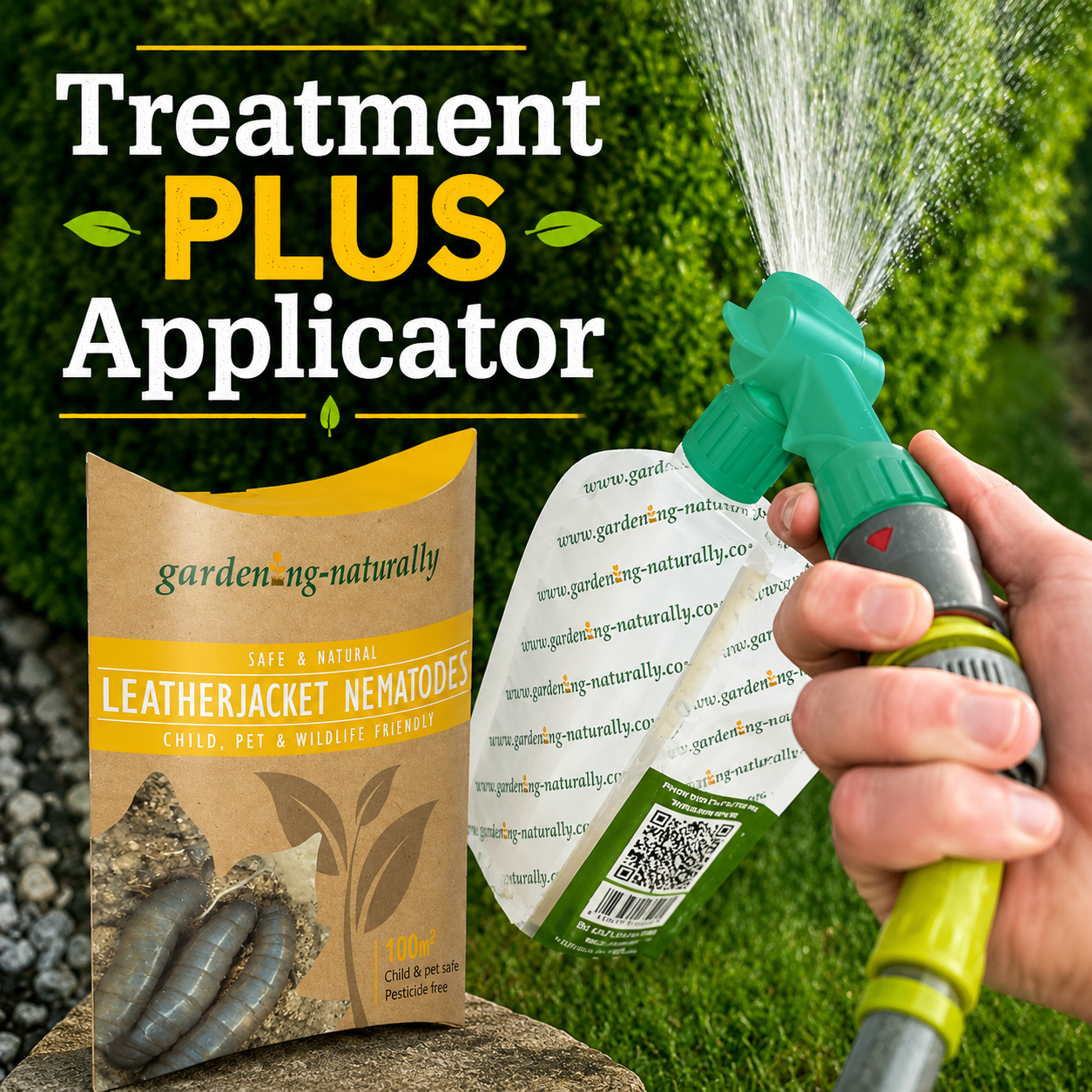 Gardening naturally product with a hand holding a spray gun against a green background