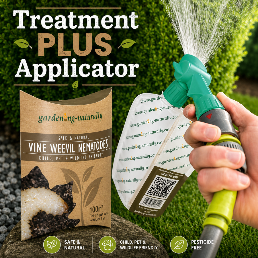 Garden treatment product with a hose and packaging on grass
